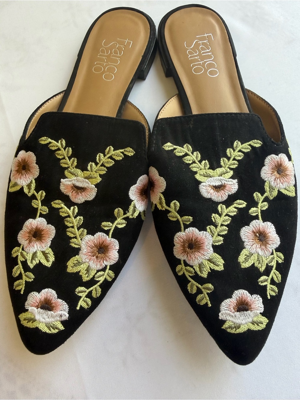 Franco Sarto Black Embroidered Floral Pointed Mules with Pink Flowers